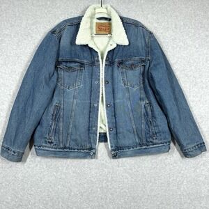 Levis Denim Jacket Mens XL Trucker Sherpa Lined Collared Snap Blue Jean Classic